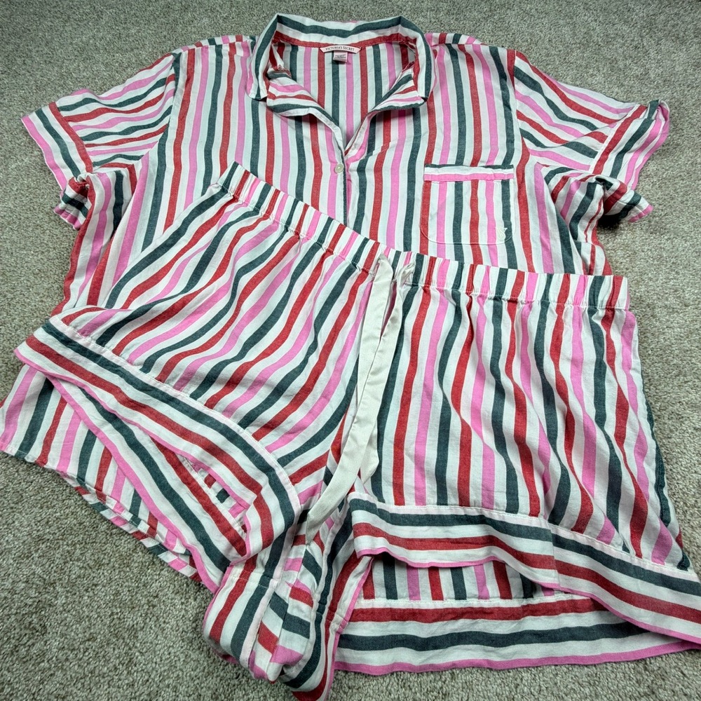 Victoria's Secret Striped Cotton Modal Pajama Set XXL Pink Red Grey Short Set